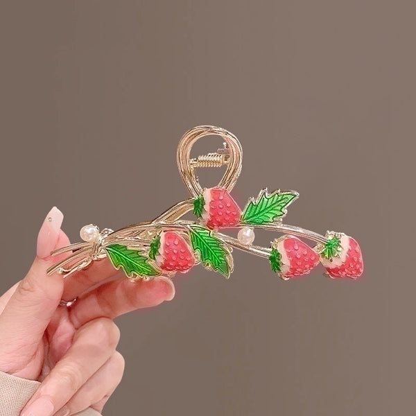 Sweet Leaf Strawberry Imitation Pearl Alloy Hair Claws 1 Piece