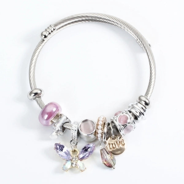 Sweet Love Butterfly Titanium Steel Plating Artificial Crystal Artificial Pearls Bangle