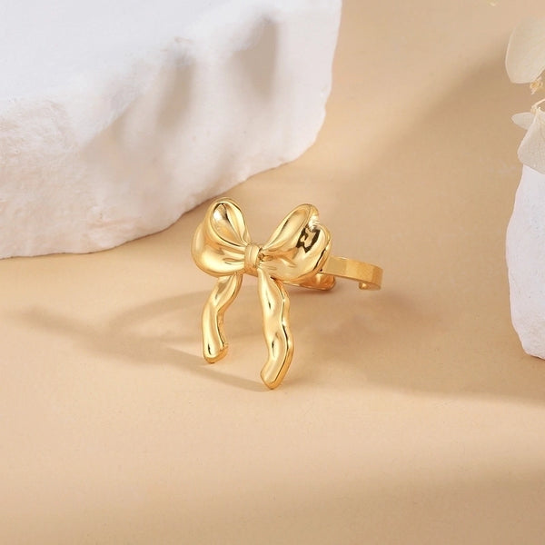 Sweet Minimalist Bow Knot 304 Stainless Steel 18K Gold Plated Open Rings In Bulk