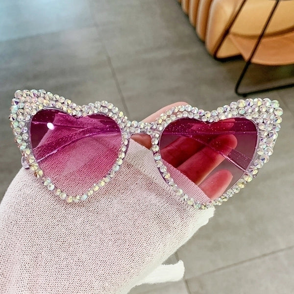 Sweet Simple Style Heart Shape Ac Special-shaped Mirror Inlaid Zircon Full Frame Women's Sunglasses