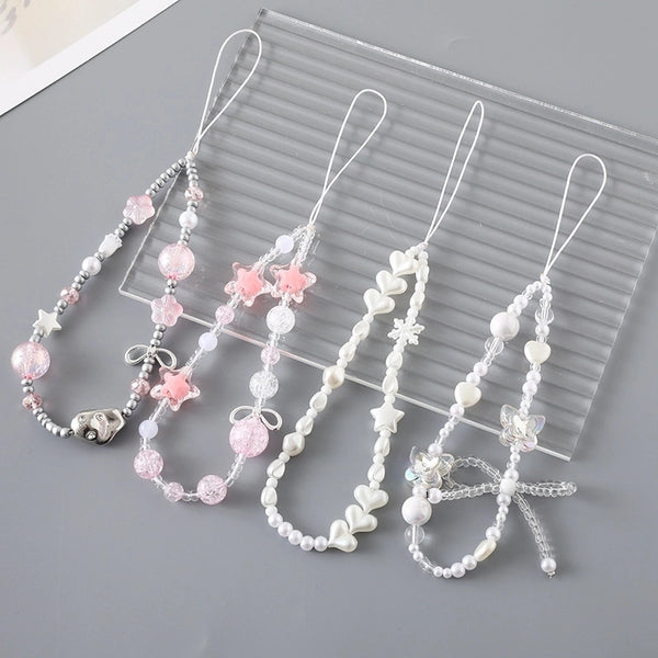 Sweet Minimalist Heart Shape Flower Bow Knot Beaded Beaded Bag Pendant Mobile Phone Chain Keychain