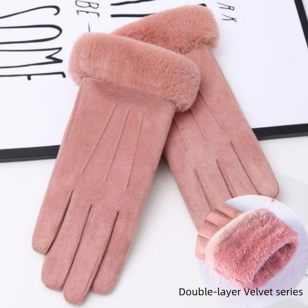 Thermal Gloves Winter Women's Suede Fleece-lined Cycling Electric Car Battery Car Driving Outside Touch Screen Winter Thermal Gloves