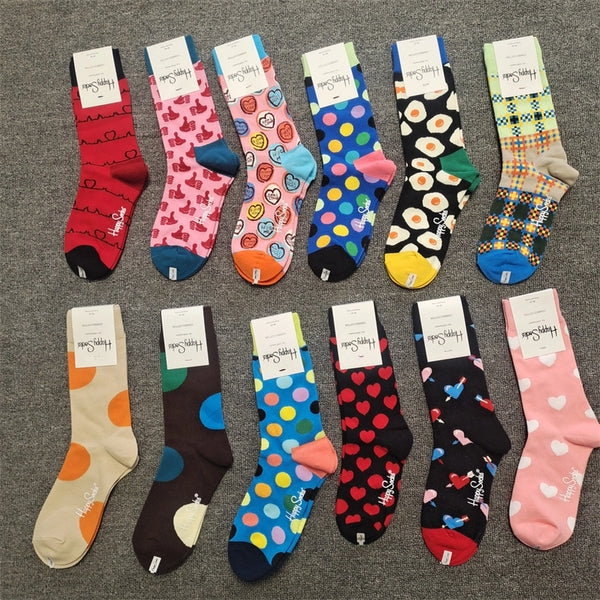 Unisex Casual Color Block Polka Dots Smile Face Cotton Crew Socks A Pair