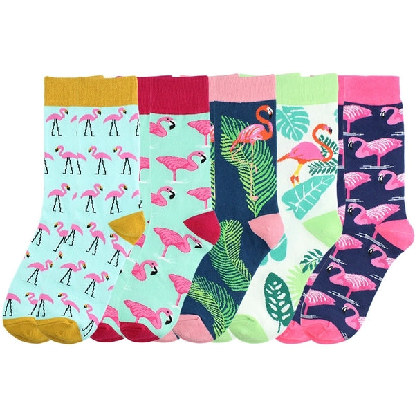 Unisex Casual Flamingo Cotton Jacquard Crew Socks A Pair