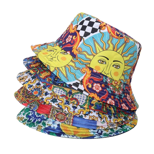 Unisex Exaggerated Punk Streetwear Sun Printing Flat Eaves Bucket Hat