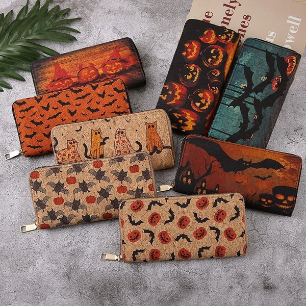 Unisex Pumpkin Bat Pu Leather Side Zipper Wallets