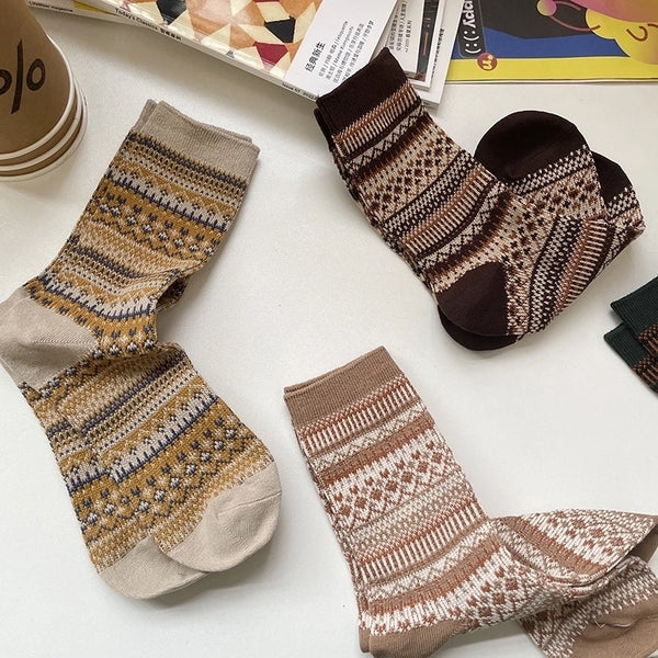 Unisex Retro Ethnic Style Geometric Cotton Crew Socks A Pair