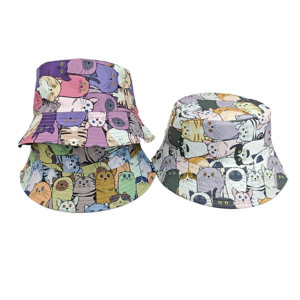 Unisex Minimalist Classic Style Cat Printing Flat Eaves Bucket Hat