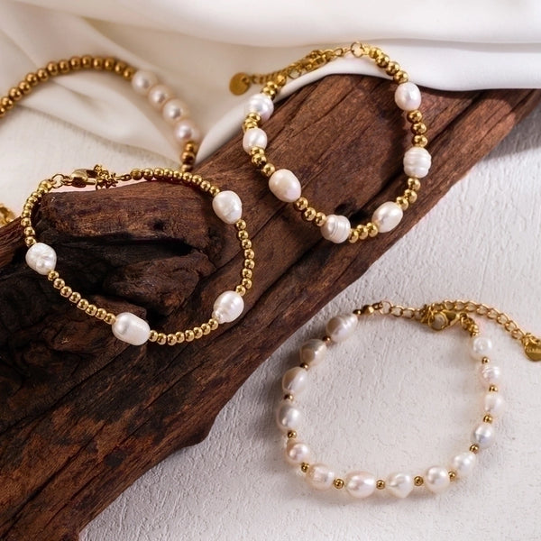 Vacation Sweet Solid Color Stainless Steel Beaded Freshwater Pearl 18k Gold Plated Bracelets