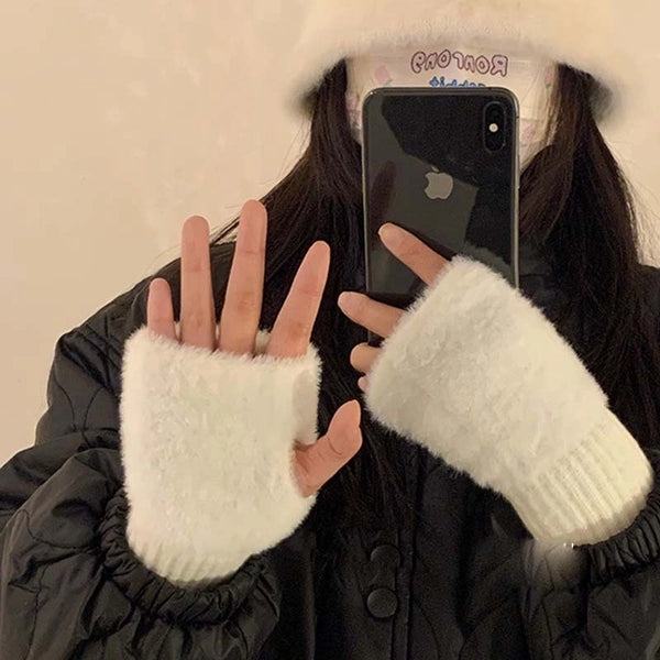 Warm Wool Half-Finger Gloves Women's Winter Plush Knitted Wrist Protection Finger Leakage Touch Screen Office Student Writing