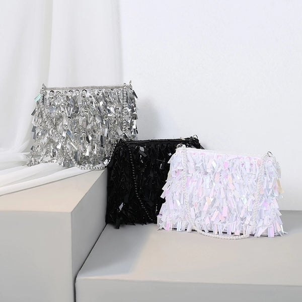 White Black Silver Polyester Solid Color Beading Tassel Square Evening Bags