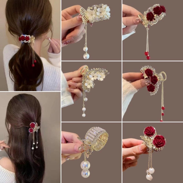 White Lotus Pearl High Ponytail Hairpin Female Back Of Head Small Grab Clip Half Tie Hair Fixing Artifact Step Tassel Grab Clip