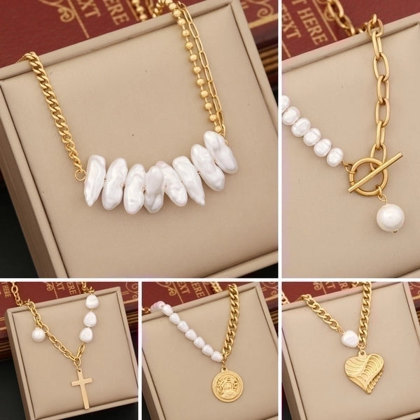 Wholesale Baroque Style Irregular Cross Heart Shape Stainless Steel Imitation Pearl Necklace