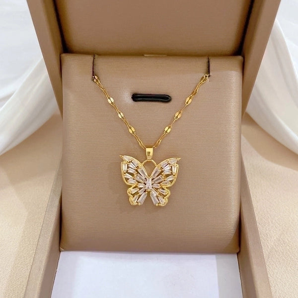 Wholesale Elegant Butterfly Stainless Steel Copper Zircon Pendant Necklace