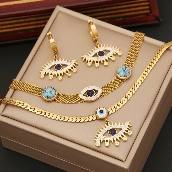 Wholesale Fashion Eye Stainless Steel Inlay 14k Gold Plated Zircon Bracelets Earrings Necklace