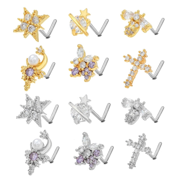 Fashion Hexagram Cross Scorpion Copper 18k Gold Plated Pearl Zircon Nose Studs