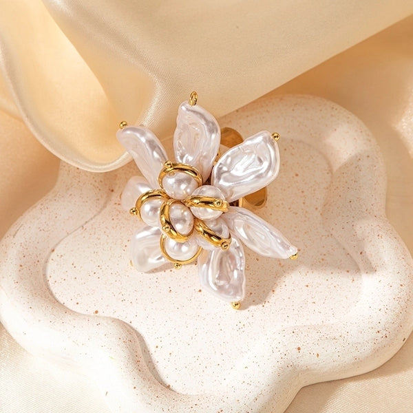 Baroque Style Flower 304 Stainless Steel Pearl 14K Gold Plated Inlay Open Rings