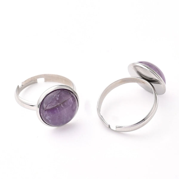 Casual Minimalist Round Solid Color 304 Stainless Steel Natural Stone Crystal Polishing Inlay Adjustable Ring