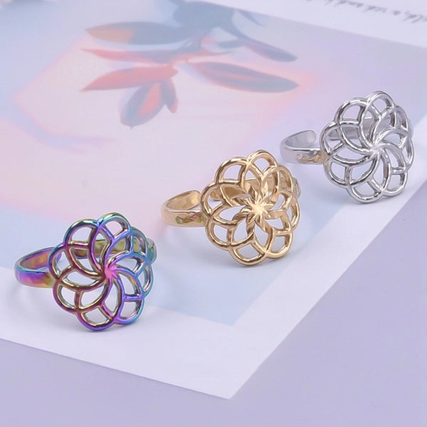 Classic Style Flower 304 Stainless Steel 18K Gold Plated Asymmetrical Polishing Rings