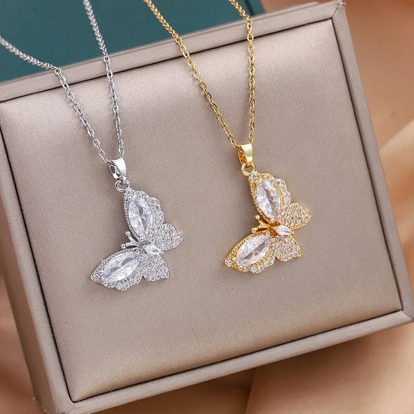 Cute Queen Bridal Butterfly Titanium Steel Zircon 18K Gold Plated Inlay Pendant Necklace