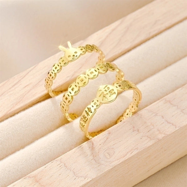 Cute Rabbit Chinese Character Titanium Steel Zircon 18K Gold Plated Inlay Open Ring