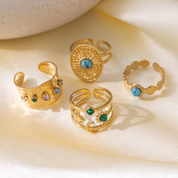 Elegant Classic Style Streetwear Star Moon 304 Stainless Steel Artificial Rhinestones Turquoise Resin 18K Gold Plated Polishing Plating Inlay Open Rings