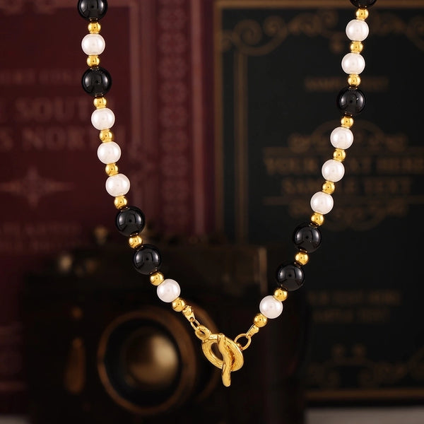 Elegant Exaggerated Roman Style Geometric Agate Shell Pearls Titanium Steel 18K Gold Plated Beaded Plating Necklace