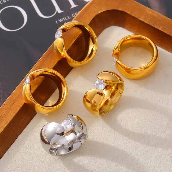 Elegant Luxurious Minimalist Solid Color Titanium Steel Zircon 18K Gold Plated Plating Inlay Rings