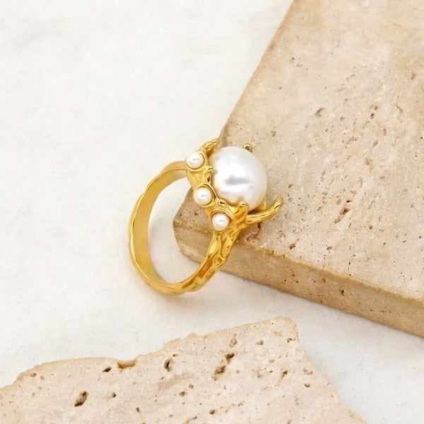 Elegant Retro Geometric 304 Stainless Steel Glass Pearl 18K Gold Plating In The Furnace Plating Inlay Rings