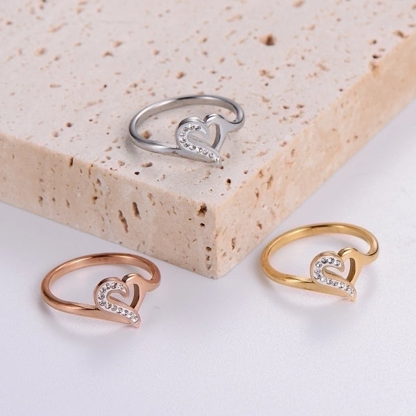 Elegant Romantic Heart Shape 304 Stainless Steel Rhinestones 18K Gold Plated Rose Gold Plated Plating Inlay Rings