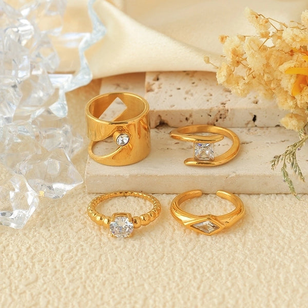 Elegant Minimalist Shiny Geometric 304 Stainless Steel Zircon 14K Gold Plated Plating Inlay Open Rings