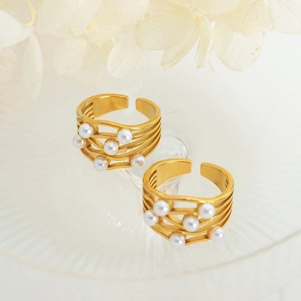 Elegant Sweet Geometric 304 Stainless Steel Artificial Pearls 18K Gold Plated Water Ripples Plating Inlay Open Ring Wave Ring