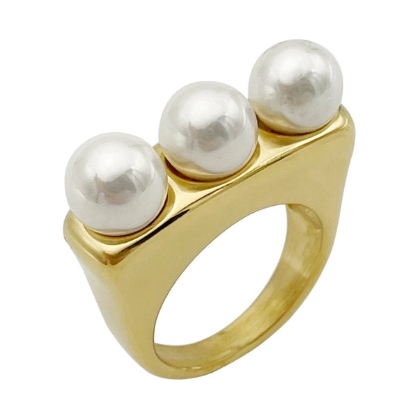 Fashion Geometric 304 Stainless Steel Pearl 14K Gold Plated Plating Inlay Stainless Steel Rings