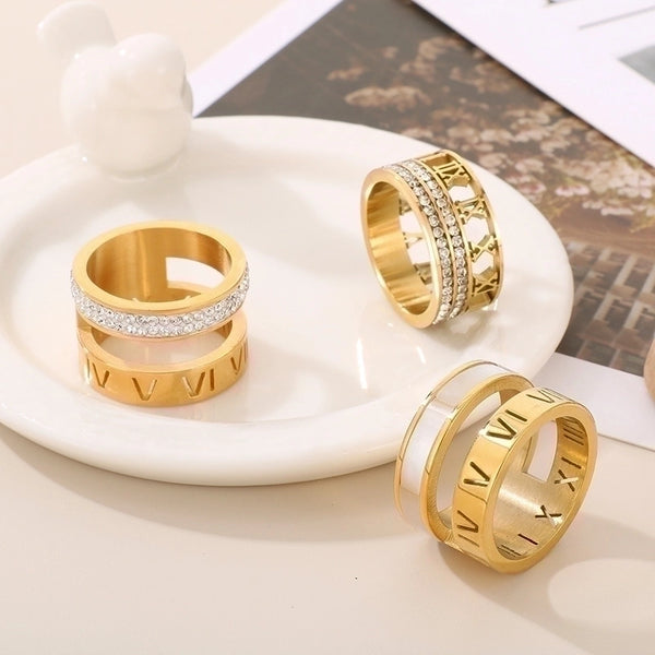 Fashion Geometric Roman Numeral Titanium Steel Rhinestones 18K Gold Plated Plating Inlay Rings