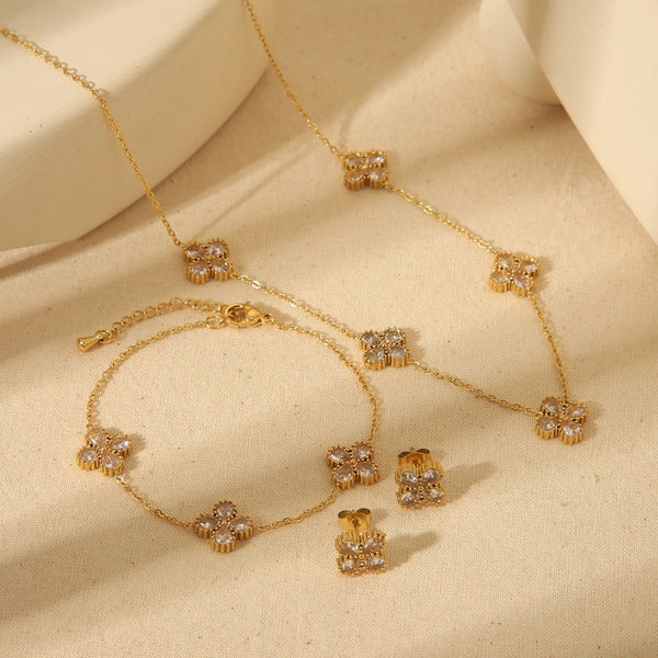 French Style Commute Four Leaf Clover Solid Color Flower 304 Stainless Steel Zircon 18K Gold Plated Inlay Jewelry Set