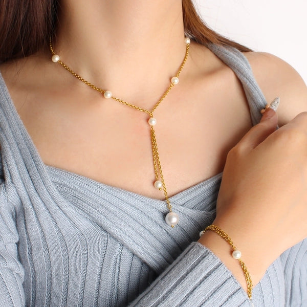 French Style Geometric 304 Stainless Steel Glass Pearl 18K Gold Plated Bracelets Necklace