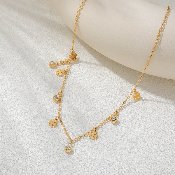 French Style Romantic Commute Four Leaf Clover Bow Knot 304 Stainless Steel Zircon 18K Gold Plated Inlay Multi Charms Necklace