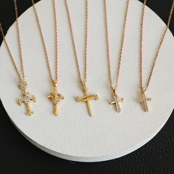 Glam Modern Style Shiny Cross 304 Stainless Steel Zircon Plating Inlay Pendant Necklace