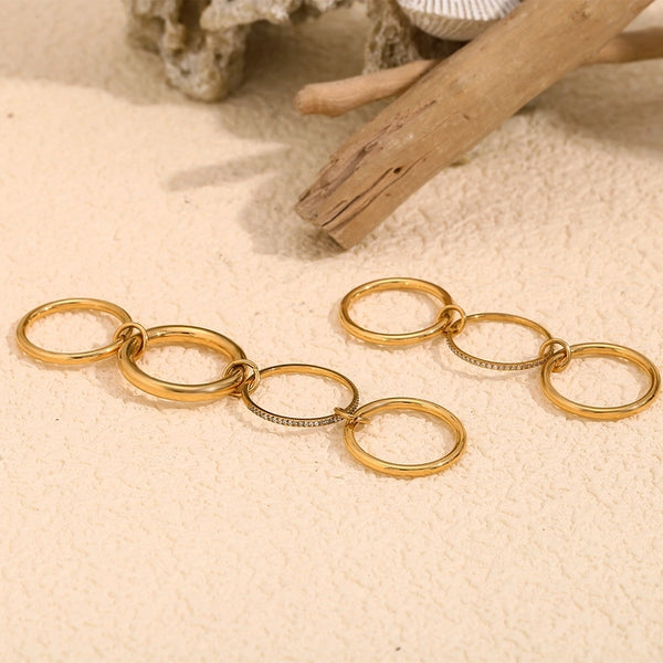 IG Style Circle 304 Stainless Steel Rhinestones 18K Gold Plated Layered Plating Inlay Rings