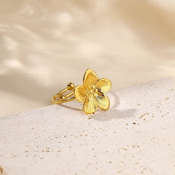 IG Style Flower 304 Stainless Steel Shell 18K Gold Plated Inlay Open Rings