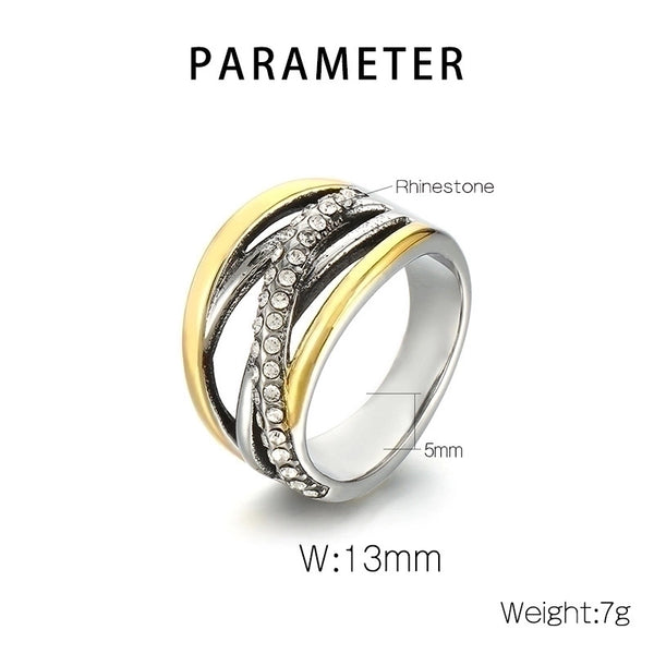 IG Style Retro Geometric Titanium Steel Rhinestones 18K Gold Plated Plating Inlay Rings