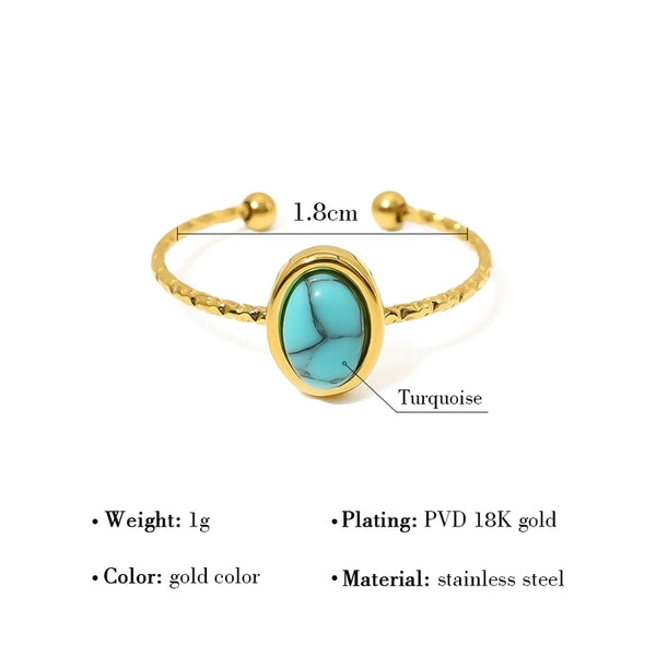 IG Style Vacation French Style Oval 304 Stainless Steel Natural Stone 18K Gold Plated Plating Inlay Open Rings