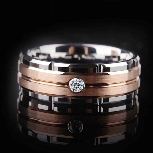 Modern Style Minimalist Round Titanium Steel Artificial Diamond 18K Gold Plated Inlay Wide Band Ring