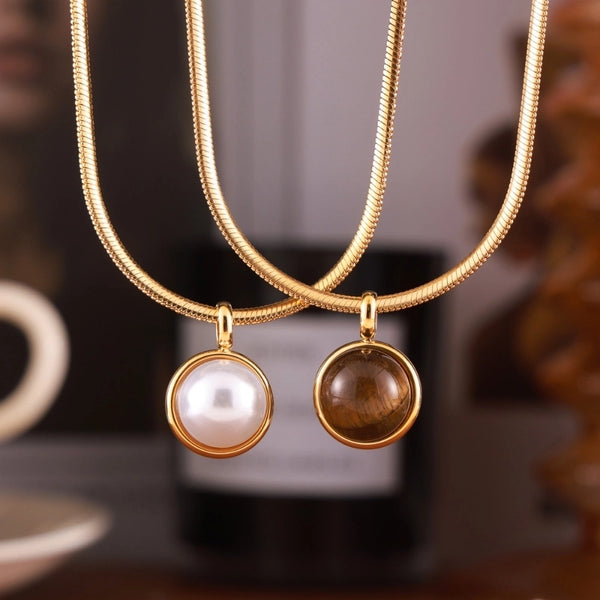 Retro Classic Style Round 304 Stainless Steel Artificial Pearls Tiger Eye 18K Gold Plated Plating Inlay Pendant Necklace