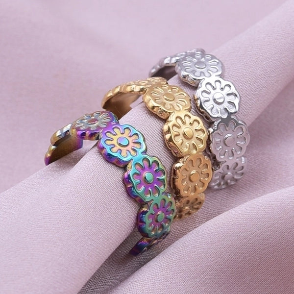 Retro Flower 304 Stainless Steel 18K Gold Plated Polishing Plating Open Rings