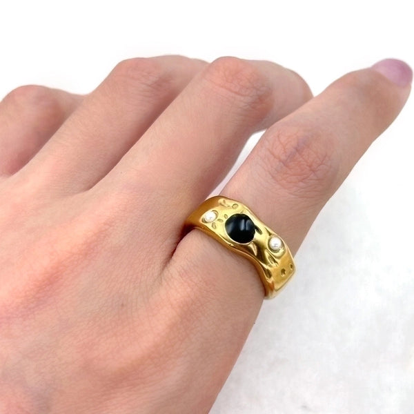 Retro Geometric 304 Stainless Steel Oil Dripping Glass Pearl 18K Gold Plated Plating Inlay Rings