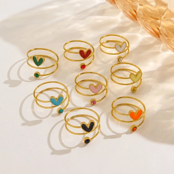 Retro Luxurious Heart Shape 304 Stainless Steel Zircon 14K Gold Plated Enamel Inlay Open Rings