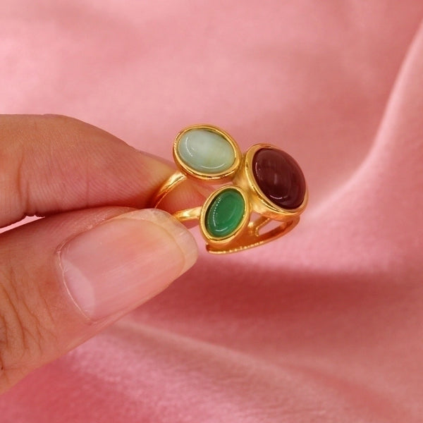 Retro Oval 304 Stainless Steel Opal 18K Gold Plated Plating Inlay Open Rings