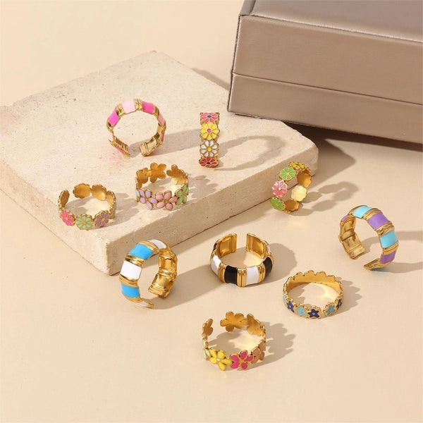 Retro Sweet Stripe Flower 304 Stainless Steel Enamel Open Rings