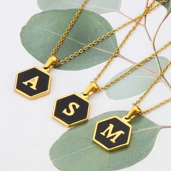 Wholesale Jewelry Simple Hexagon 26 Letter Pendant Stainless Steel Necklace